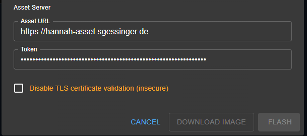 Flash-Dialog im Satellite Manager mit Asset URL und Token