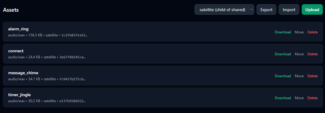 Asset-Liste des Namespace satellite mit alarm_ring, connect, message_chime und timer_jingle