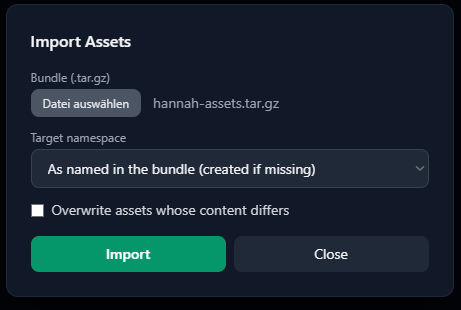 Dialog Import Assets mit der ausgewählten Datei hannah-assets.tar.gz