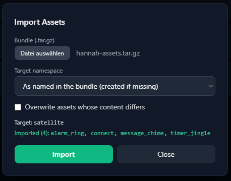 Import-Ergebnis: Target satellite, Imported (4): alarm_ring, connect, message_chime, timer_jingle