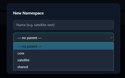 Dialog New Namespace mit Name und der Auswahl des übergeordneten Namespace