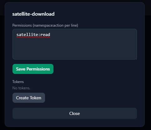 Manage-Dialog mit der Berechtigung satellite:read, darunter der Abschnitt Tokens mit dem Button Create Token