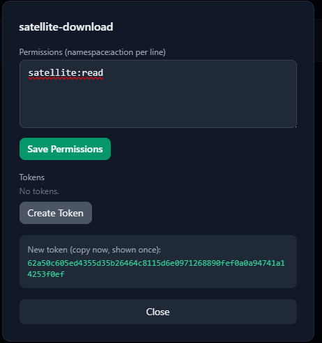 Manage-Dialog nach Create Token, das neue Token steht in einer grünen Zeile unter "New token"