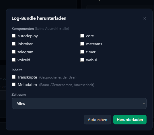 Fenster „Log-Bundle herunterladen“ mit Komponenten, Inhalten und Zeitraum