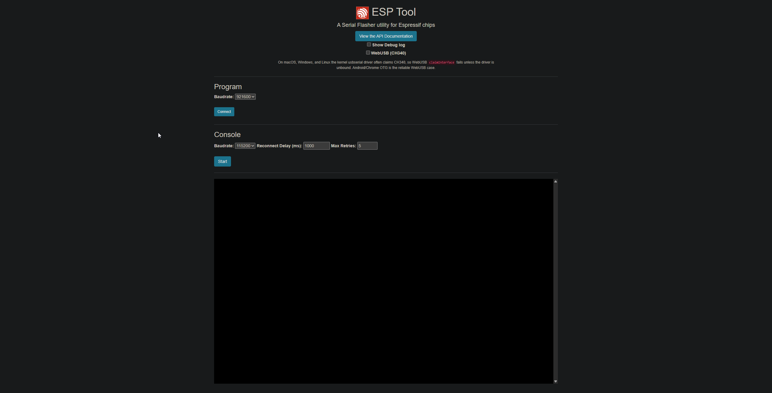 esptool-js vor dem Verbinden: Abschnitt Program mit Baudrate und Connect-Button