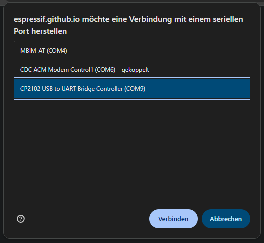 Browser-Dialog zur Auswahl des seriellen Ports mit dem UART-Wandler (CP2102)