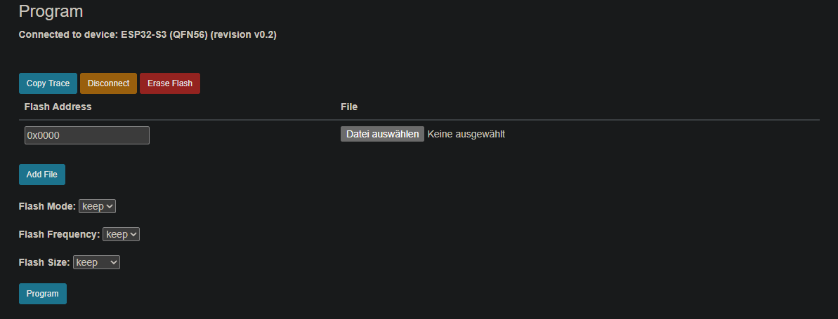 esptool-js nach dem Verbinden: Flash Address auf 0x0000 geändert, Dateiauswahl und Program-Button
