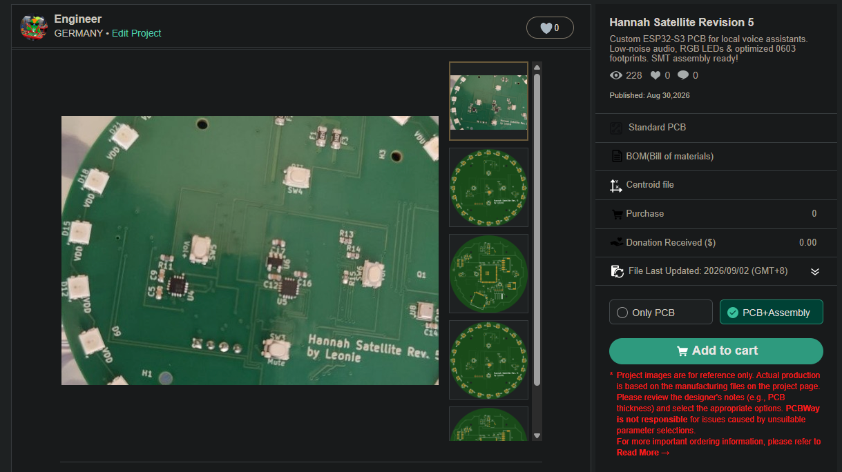 PCBWay-Projektseite mit ausgewählter Option PCB+Assembly und Add-to-cart-Button