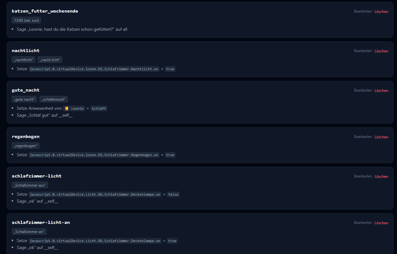 Trigger-Liste mit Bedingungs-Badges und Aktionen