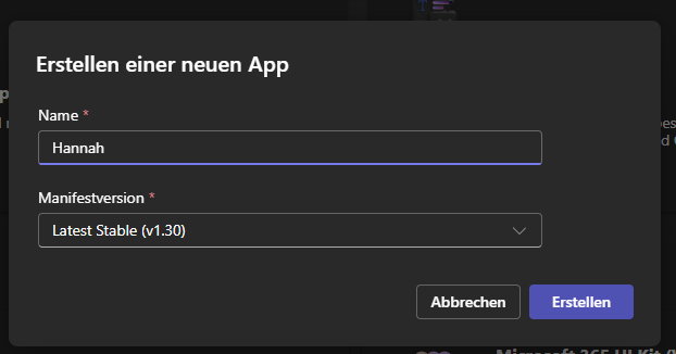 Dialog "Erstellen einer neuen App" im Teams Developer Portal