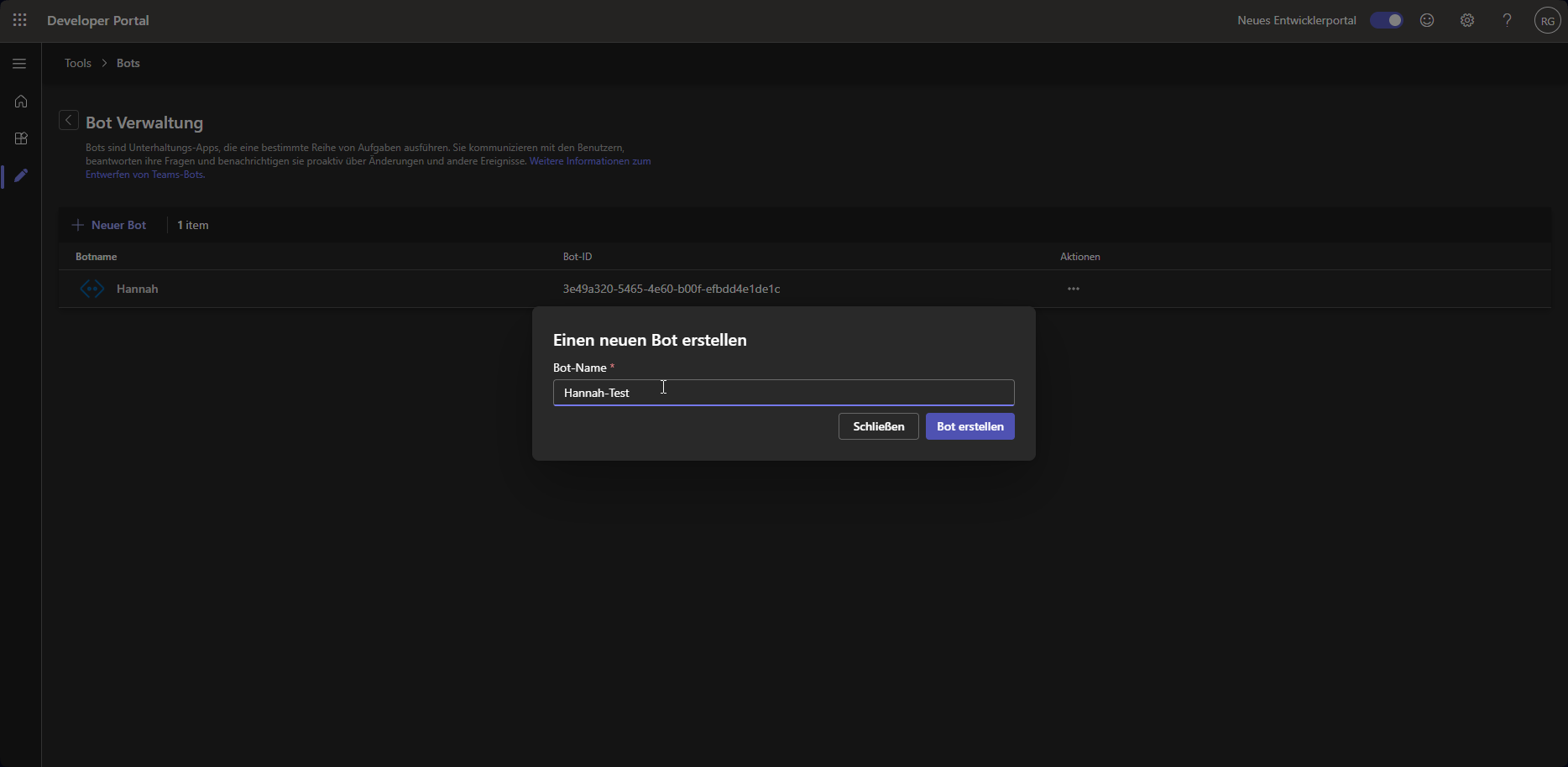 Bot-Verwaltung im Developer Portal mit Dialog "Einen neuen Bot erstellen"