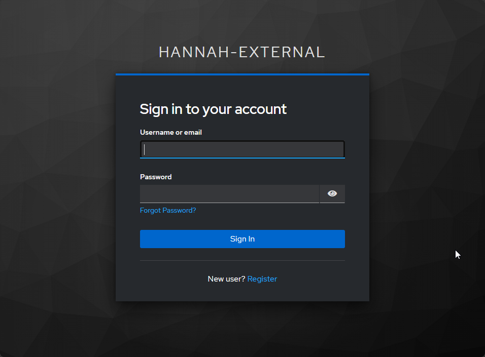 Anmeldeseite von Hannah-External mit dem Link Register