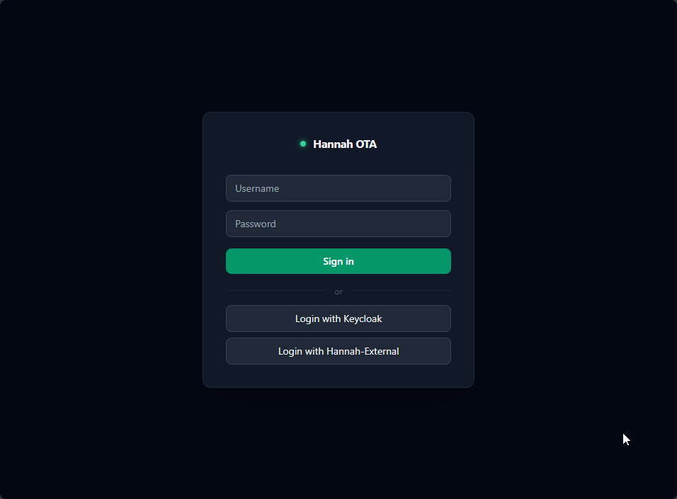 Anmeldeseite des Update-Servers mit Benutzername, Passwort und den Buttons Login with Keycloak und Login with Hannah-External