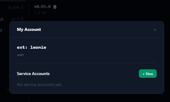 Fenster My Account mit der Liste der Service Accounts und dem Button New
