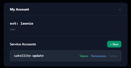 Service Account in der Liste mit den Links Tokens, Permissions und Delete