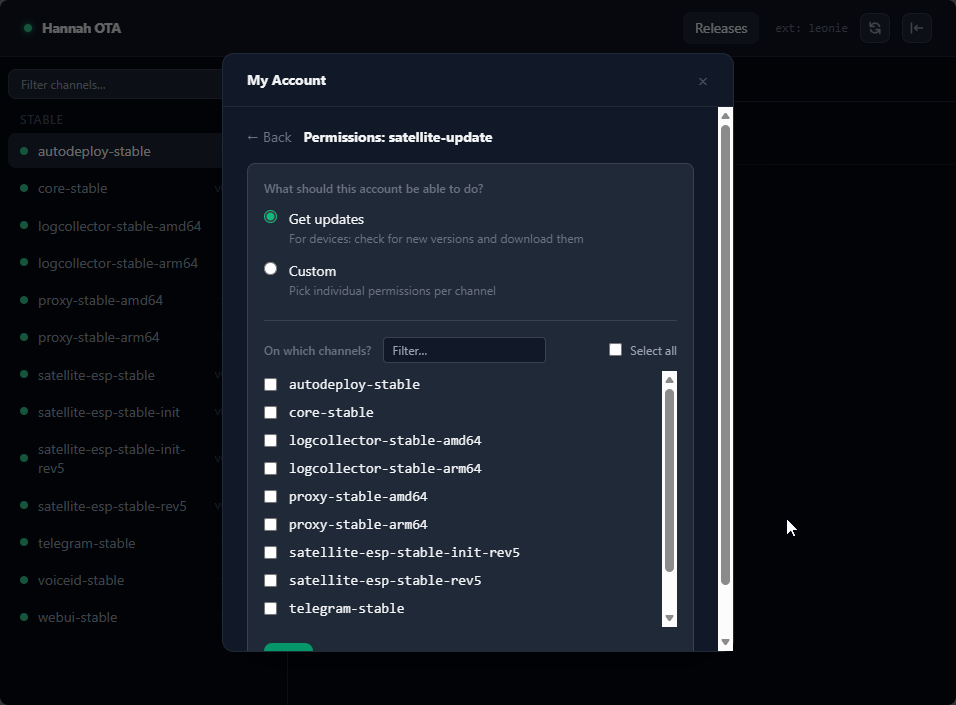 Rechte eines Service Accounts: Preset Get updates und Auswahl der Kanäle