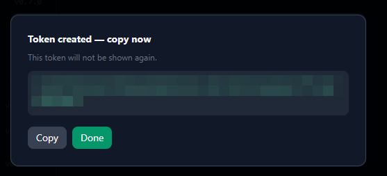 Anzeige des neuen Tokens mit den Buttons Copy und Done